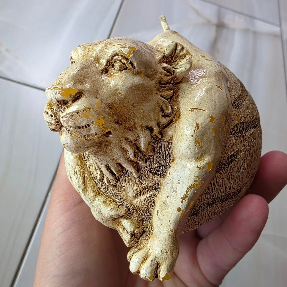 Vintage Sculpted Tiger Head Sphere Candle Cream Tan Textured Safari Decor P4‎